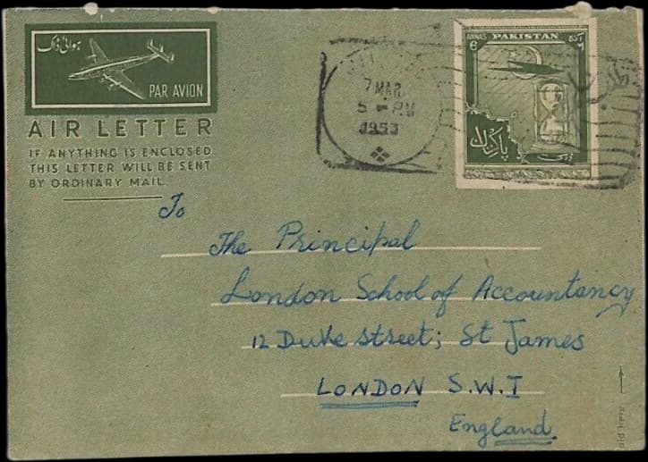 A folded green air letter addressed in ink to a college in London, with a printed par avion panel and a postmark.