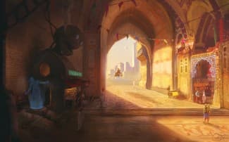 A painted view down a bazaar arcade, light falling through an arch onto stalls and figures.