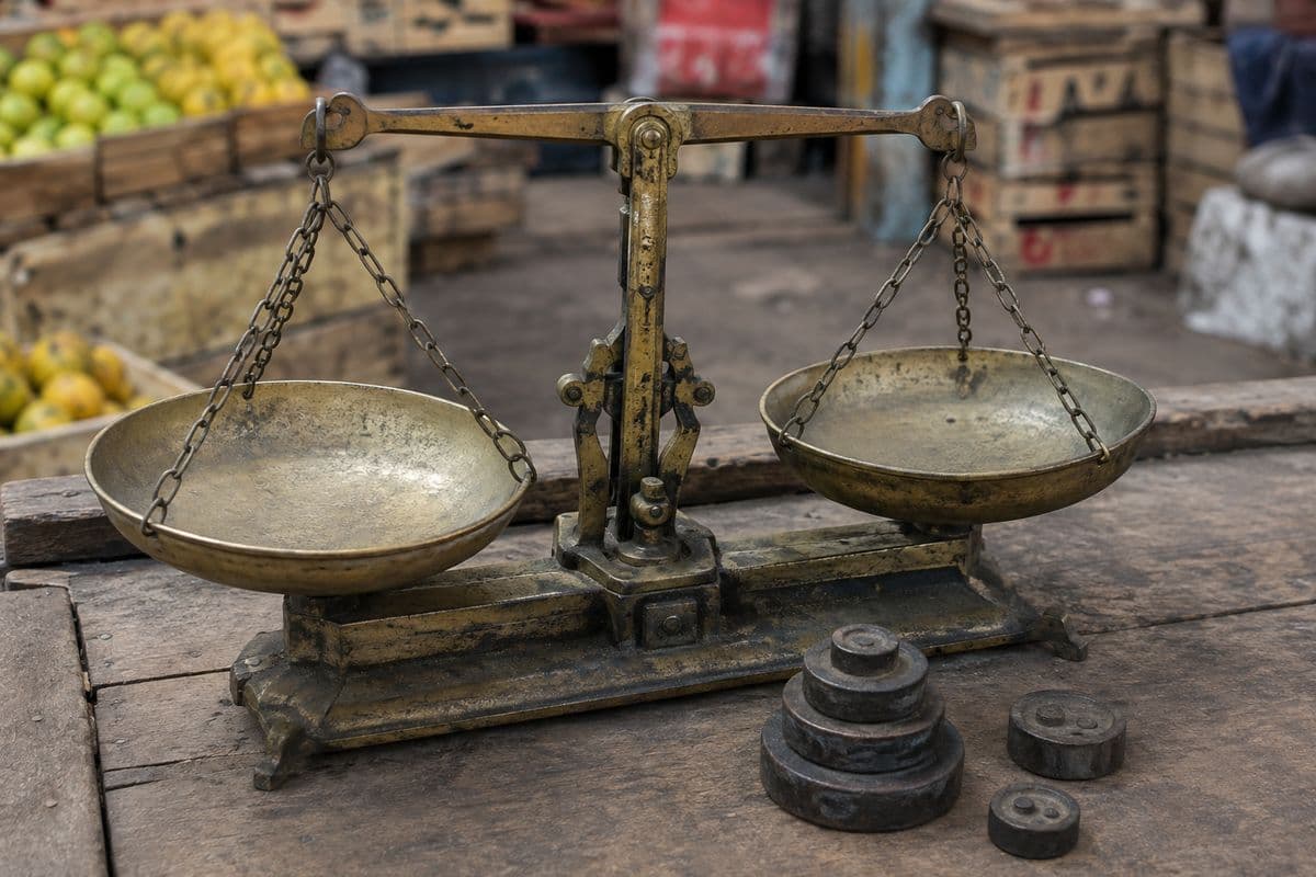 Brass balance scales beside a stack of iron weights on a market table, with fruit crates behind.