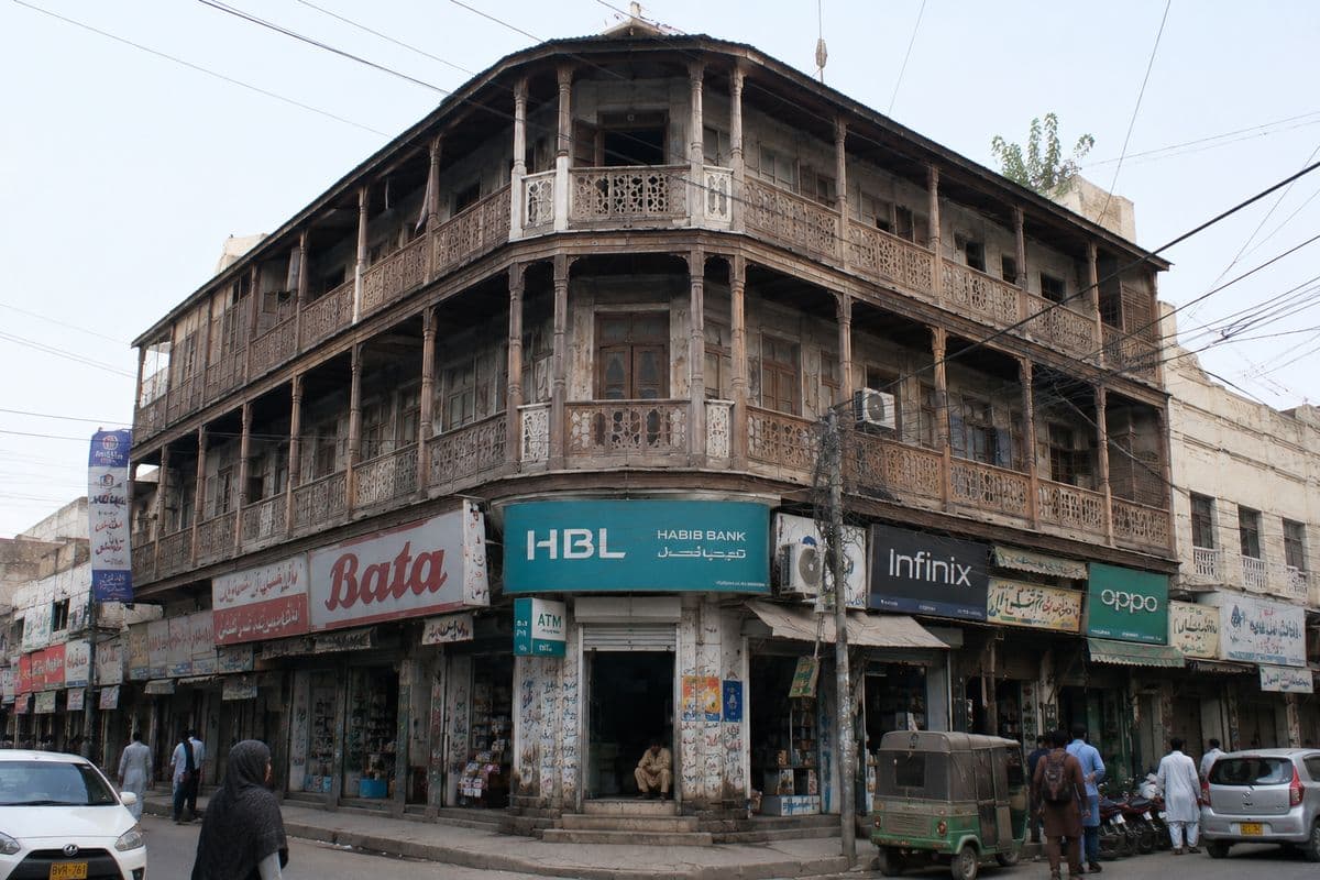 The same corner building photographed later, its ground floor occupied by bank and phone-brand shopfronts.