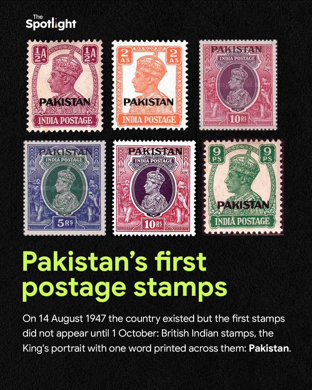 Six overprinted stamps arranged on a black ground, each a British Indian stamp with the word PAKISTAN printed across the King's portrait.