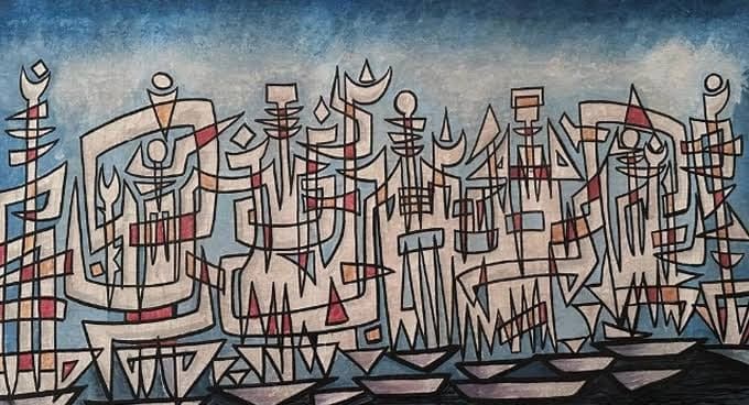 A Saddequain painting: angular white figures and calligraphic forms outlined in black against a washed blue ground, picked out in red.